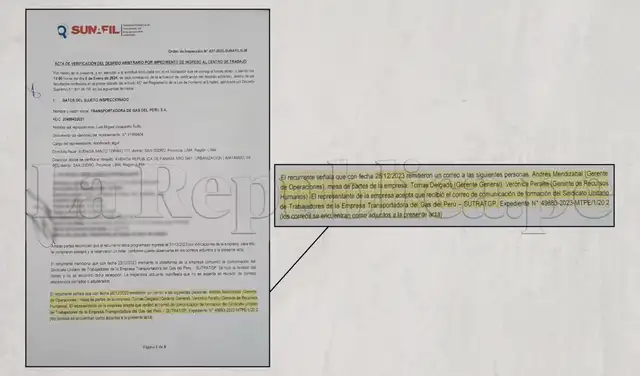 Acta de Sunafil recoge que TGP reconoció haber recibido la comunicación sobre la formación del sindicato antes de los despidos de trabajadores afiliados al SUTRATGP. Acta de Sunafil recoge que TGP reconoció haber recibido la comunicación sobre la formación del sindicato antes de los despidos de trabajadores afiliados al SUTRATGP.