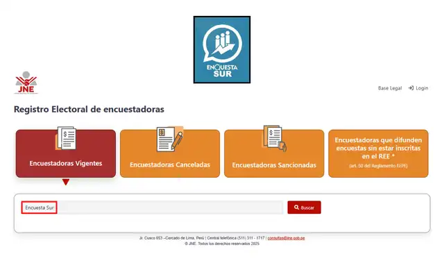 Encuesta Sur no es parte del Registro Electoral de Encuestadoras del JNE. Foto: Jurado Nacional de Elecciones