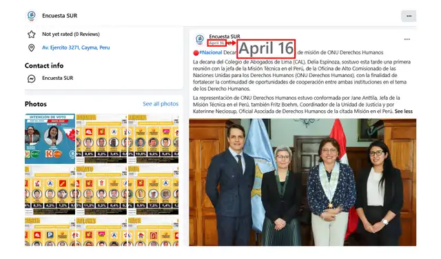 La primera publicación de Encuesta Sur data del 16 de abril de 2026. Foto: Facebook
