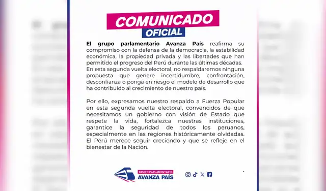 Avanza País anunció su respaldo a la candidatura de Keiko Fujimori mediante un comunicado. Avanza País anunció su respaldo a la candidatura de Keiko Fujimori mediante un comunicado.