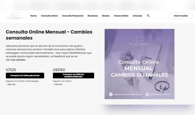 Costo del plan nutricional mensual con cambios semanales de Majo Parodi.