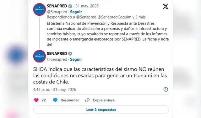 Senapred descarta las condiciones de tsunami en las costas chilenas. Foto: Senapred Senapred descarta las condiciones de tsunami en las costas chilenas. Foto: Senapred