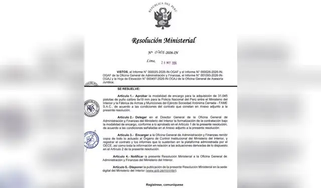 Resolución del ministro José Zapata Morante autorizando la compra de pistolas de puño por intermedio de FAME.