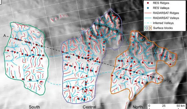 El mapeo de los bloques del paisaje subglacial revela una red de valles. Foto: Nature El mapeo de los bloques del paisaje subglacial revela una red de valles. Foto: Nature