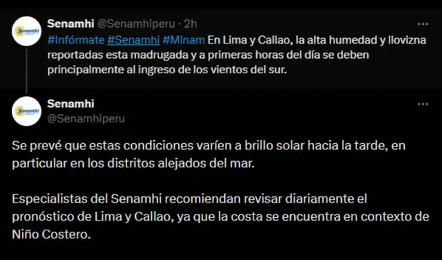 Senamhi informó a través de su cuenta de X que se trataría de un fenómeno momentáneo. Foto: captura