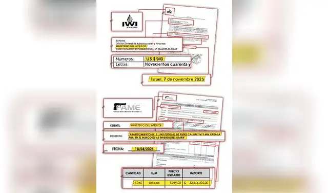 Evidencia documental. El 7 de noviembre de 2025, IAI ofertó las pistolas Jericho a US$949 por unidad. Y el 18 de abril de este año, FAME pidió por la misma arma US$1.049. Son US$100 adicionales.