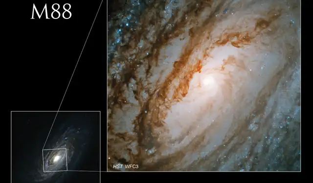 Esta imagen muestra la totalidad de la galaxia M88, mientras que el contorno blanco indica la sección capturada el Hubble. Foto: NASA