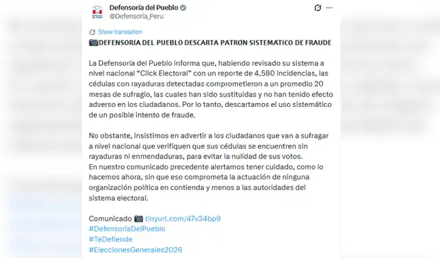 Comunicado de la Defensoría del Pueblo en el que descarta 