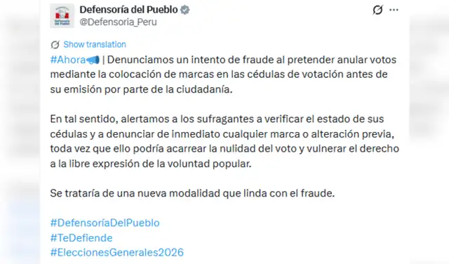 Comunicado de la Defensoría del Pueblo en el que denuncia 