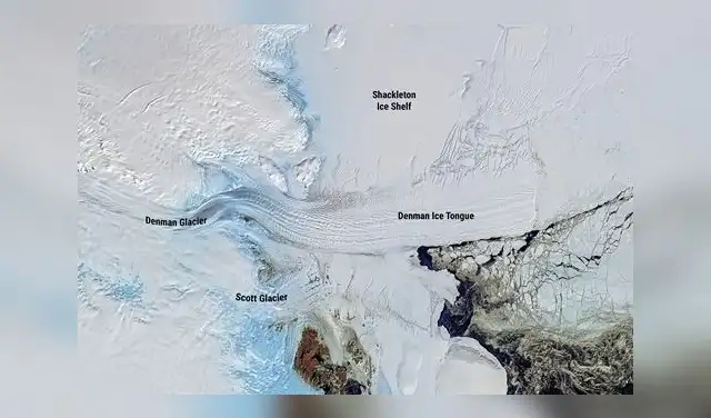 Imagen satelital del sistema glaciar Denman-plataforma de hielo Shackleton. Foto: NASA.
