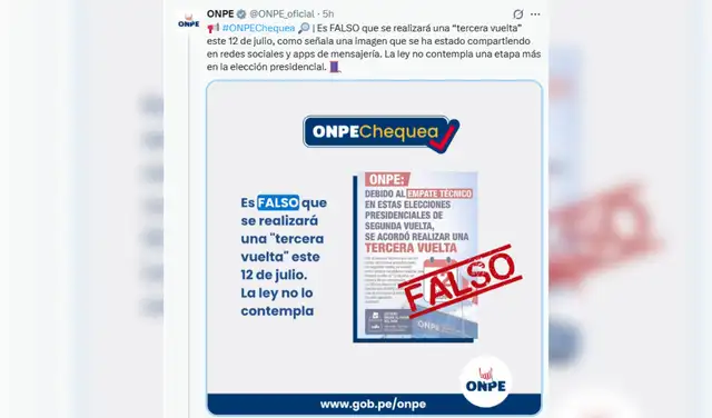 ONPE desmiente la versión de que se realizará una tercera vuelta electoral este 12 de julio. ONPE desmiente la versión de que se realizará una tercera vuelta electoral este 12 de julio.