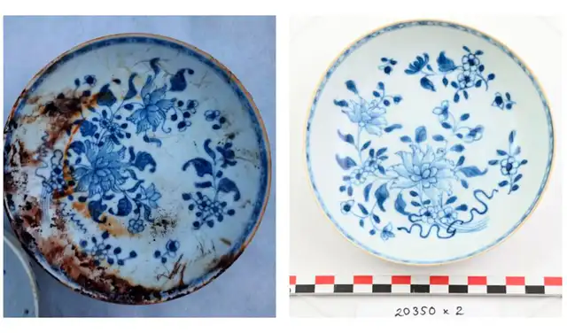 Porcelana china que ha permanecido en el fondo del mar durante 250 años y en perfecto estado. Foto: Museo Marítimo Noruego