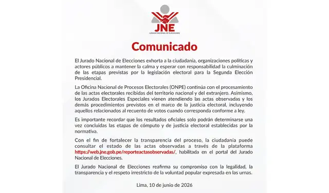 Último comunicado del JNE. Foto: JNE Último comunicado del JNE. Foto: JNE