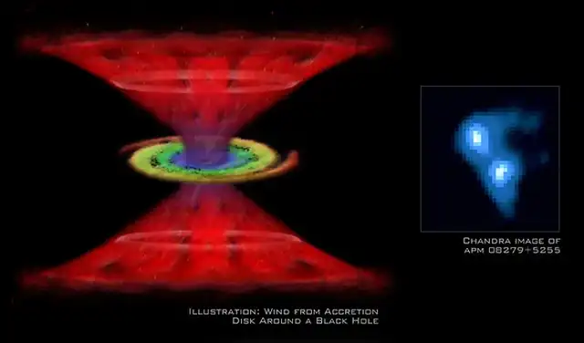 A la izquierda una ilustración sobre la estructura del cuásar APM 08279+5255. A la derecha la radiación que captó el telescopio. Foto: Chandra Centro de Observación Chandra