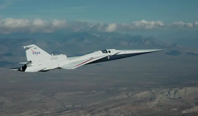 El avión de investigación supersónico silencioso X-59 de la NASA sobrevuela el desierto de Mojave en California el 14 de abril de 2026. Foto: NASA