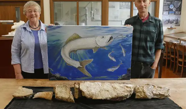 Investigadores posan con un fósil de sábalo de 55 millones de años de antigüedad, descubierto por el difunto Dr. Richard Köhler. Foto: Universidad de Otago