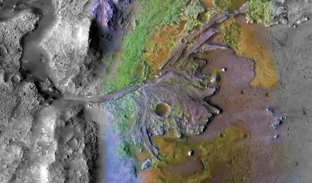 Restos de un delta fluvial en el cráter Jezero, donde el rover Perseverance está explorando actualmente. Foto: NASA/JPL-Caltech/MSSS/JHU-APL Restos de un delta fluvial en el cráter Jezero, donde el rover Perseverance está explorando actualmente. Foto: NASA/JPL-Caltech/MSSS/JHU-APL