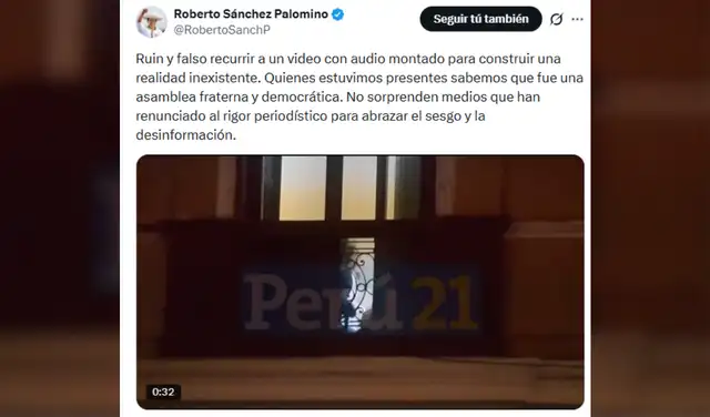 Roberto Sánchez emitió un comunicado luego de la difusión de un video editado de Perú21 al que se le habría añadido un audio de César Uribe.. Roberto Sánchez emitió un comunicado luego de la difusión de un video editado de Perú21 al que se le habría añadido un audio de César Uribe..