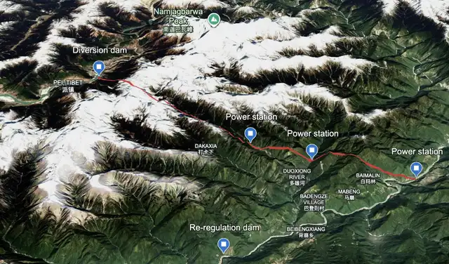 La ruta atravesará la ladera de la montaña, descendiendo 2.000 metros y pasando por varias centrales hidroeléctricas dentro de los túneles, antes de volver a unirse al río. Foto: Google/Landsat La ruta atravesará la ladera de la montaña, descendiendo 2.000 metros y pasando por varias centrales hidroeléctricas dentro de los túneles, antes de volver a unirse al río. Foto: Google/Landsat