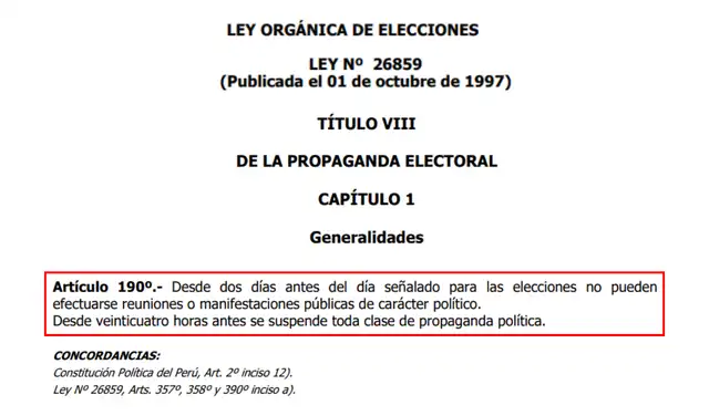 Artículo 190 de la Ley Orgánica de Elecciones (Ley N.° 26859). Foto: Congreso de la República Artículo 190 de la Ley Orgánica de Elecciones (Ley N.° 26859). Foto: Congreso de la República