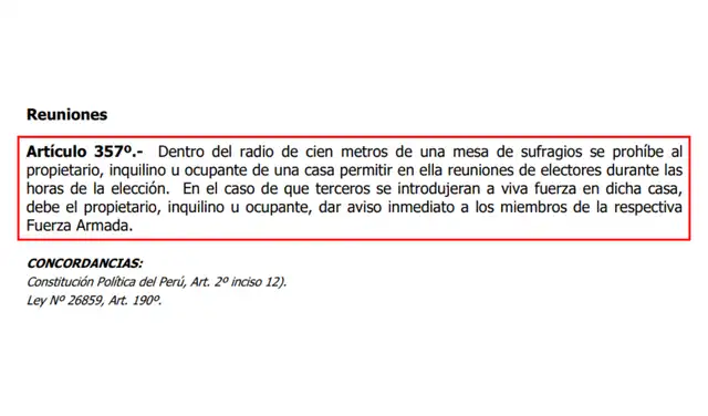 Artículo 357 de la Ley Orgánica de Elecciones (Ley N.° 26859). Foto: Congreso de la República Artículo 357 de la Ley Orgánica de Elecciones (Ley N.° 26859). Foto: Congreso de la República