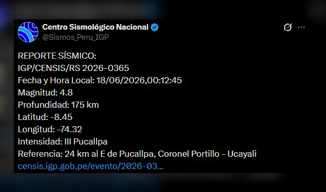 Temblor en Ucayali. Foto: IGP Temblor en Ucayali. Foto: IGP
