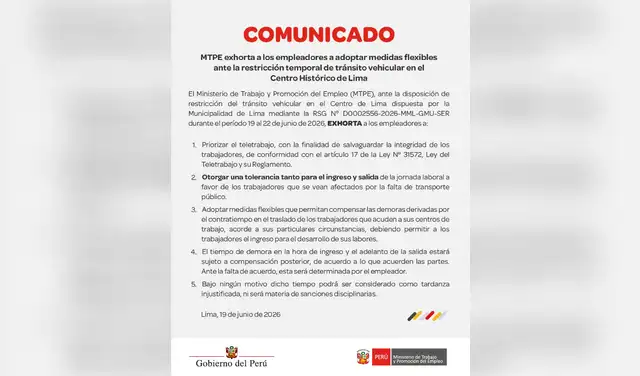 Comunicado del MTPE sobre las restricciones vehiculares impuestas por la MML.