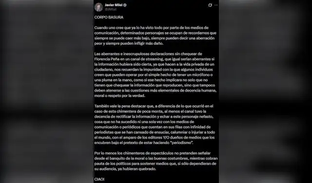 Comunicado del presidente Javier Milei contra Florencia Peña. Foto: captura Comunicado del presidente Javier Milei contra Florencia Peña. Foto: captura