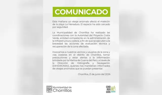Comunicado de la Municipalidad de Chorrillos. Comunicado de la Municipalidad de Chorrillos.