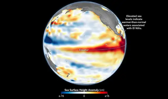 El 8 de junio de 2026, pocos días antes de la declaración de El Niño, se observan niveles del mar superiores a lo normal (en rojo) en el Pacífico central y oriental. Foto: NASA/Lauren Dauphin El 8 de junio de 2026, pocos días antes de la declaración de El Niño, se observan niveles del mar superiores a lo normal (en rojo) en el Pacífico central y oriental. Foto: NASA/Lauren Dauphin