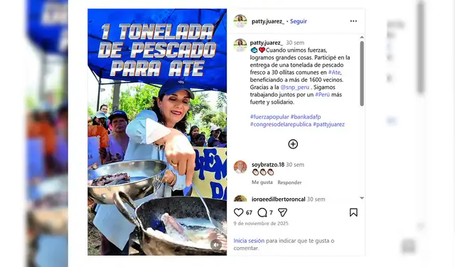Patricia Juárez promociona una entrega de pescado realizada junto a la Sociedad Nacional de Pesquería en noviembre del 2025, ya en periodo electoral.