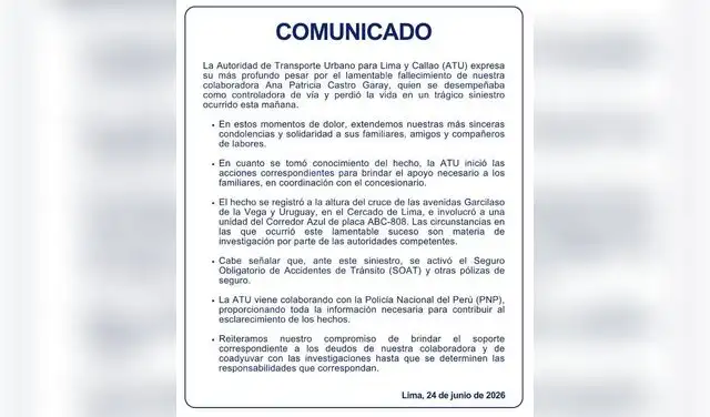 Comunicado emitido por la ATU tras el incidente
