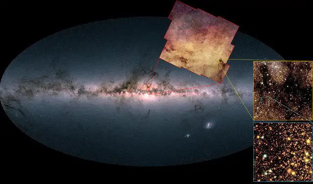 Una imagen de la Vía Láctea vista desde la Tierra, que muestra dos acercamientos del área objetivo de Euclid. Foto: ESA