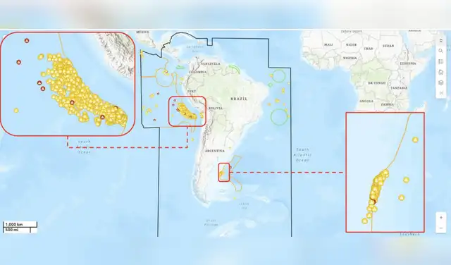 Un mapa del Comando Sur de Estados Unidos identifica zonas con alta concentración de embarcaciones que navegan sin transmitir su ubicación durante el último trimestre de 2025.