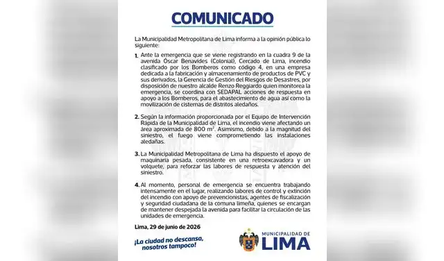 Comunicado de la Municipalidad de Lima tras el siniestro. Comunicado de la Municipalidad de Lima tras el siniestro.