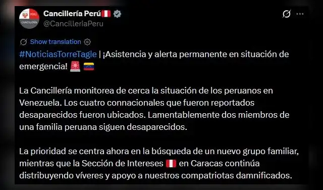 Comunicado de la Cancillería sobre el reporte de los peruanos encontrados