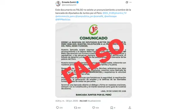 Zunini desmintió el comunicado atribuido a Juntos por el Perú. Foto: Ernesto Zunini - X Zunini desmintió el comunicado atribuido a Juntos por el Perú. Foto: Ernesto Zunini - X