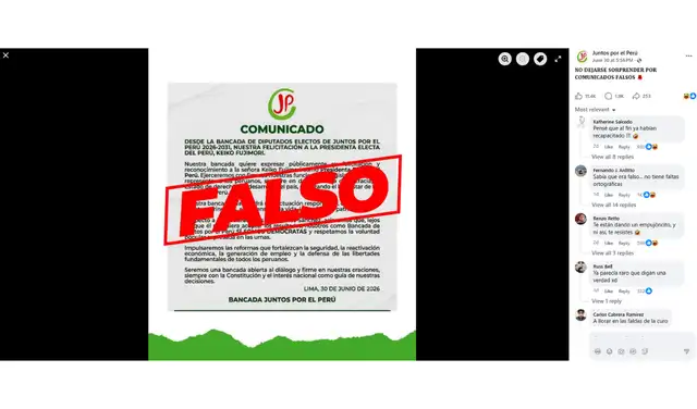 Juntos por el Perú también desmintió el comunicado viralizado. Foto: Juntos por el Perú - Facebook Juntos por el Perú también desmintió el comunicado viralizado. Foto: Juntos por el Perú - Facebook