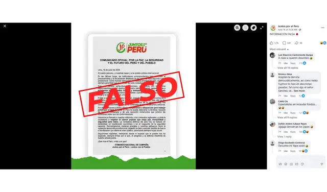 Juntos por el Perú también desmintió el documento pasado. Foto: Facebook Juntos por el Perú también desmintió el documento pasado. Foto: Facebook