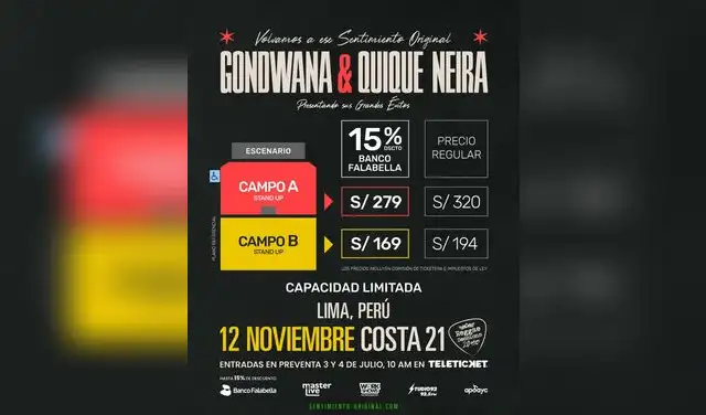 Precios de entradas para Gondwana y Quique Neira en Lima 2026