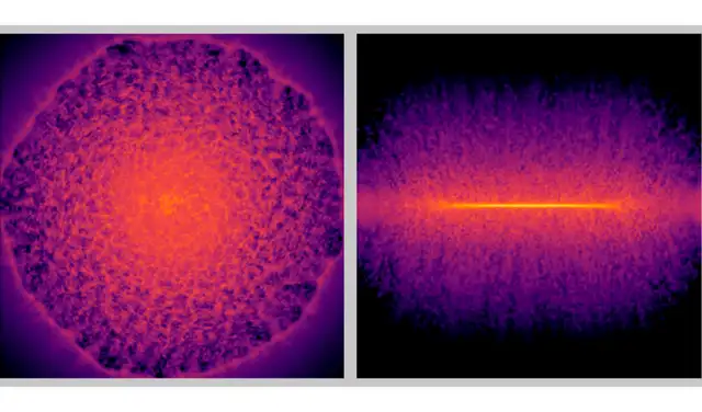 Imágenes frontales (izquierda) y laterales (derecha) de un disco galáctico de gas. Estas imágenes de la distribución del gas tras la explosión de una supernova fueron generadas mediante el modelo. Foto: Riken