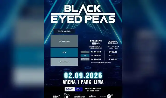 Zonas y precios de las entradas para ver a Black Eyed Peas en Lima 2026 Zonas y precios de las entradas para ver a Black Eyed Peas en Lima 2026