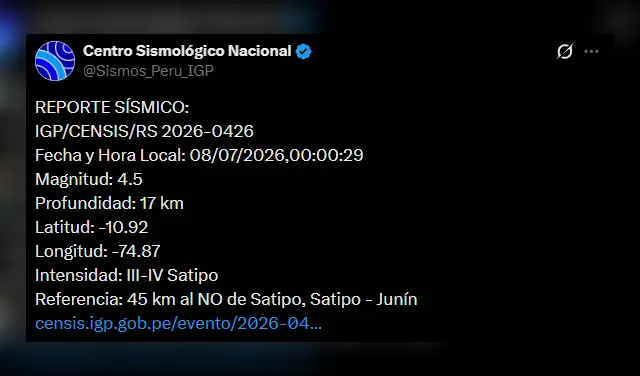 Temblor en Junín. Foto: IGP