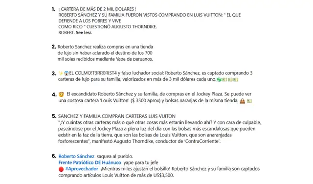 Descripciones asociadas a la falsa noticia.