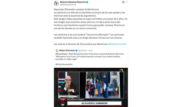 Respuesta de Roberto Sánchez vía X. Foto: Roberto Sánchez - X