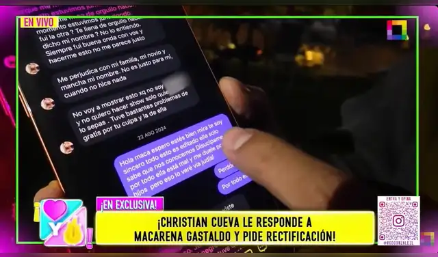 Christian Cueva mostró sus chats con Macarena Gastaldo. Foto: YouTube. Christian Cueva mostró sus chats con Macarena Gastaldo. Foto: YouTube.