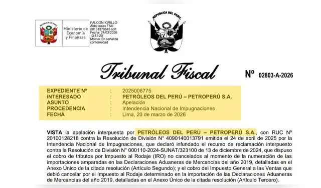 El Tribunal Fiscal ordenó a Petroperú pagar deudas coactivas relacionados con el Impuesto al Rodaje (IRO), por la importación de productos para la elaboración de gasolinas. Foto: Tribunal Fiscal  