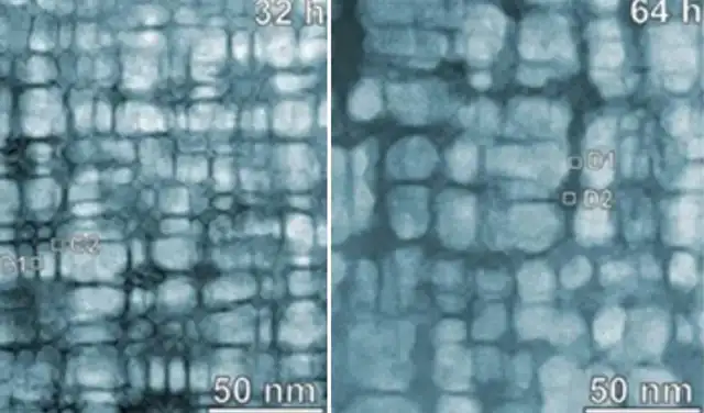 Evolución microestructural de la aleación, calentada durante 32 horas (izquierda) frente a 64 horas (derecha). Foto: Science