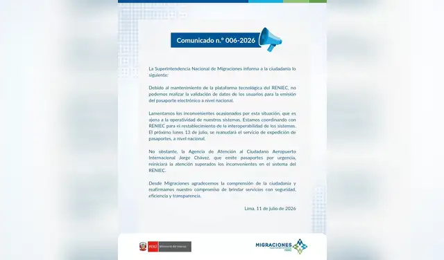 Comunicado de la Superintendencia de Migraciones. Foto: Migraciones Comunicado de la Superintendencia de Migraciones. Foto: Migraciones