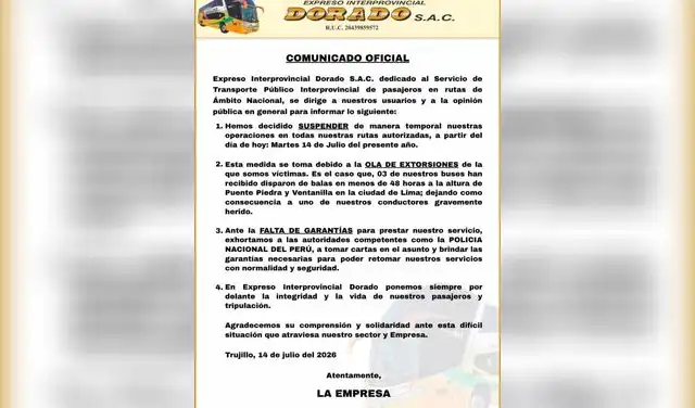 Comunicado de la empresa El Dorado tras los atentados